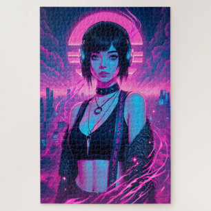 Neon Retro Cyber Punk Rock Girl Poster