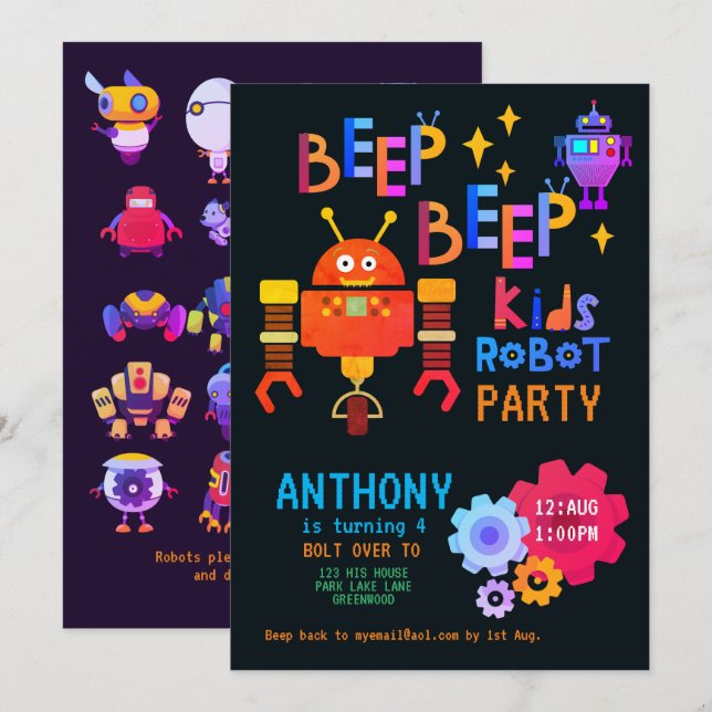 Neon ROBOT PARTY Kindergeburtstag Boys Girls Theme Einladung (Vorne/Hinten)