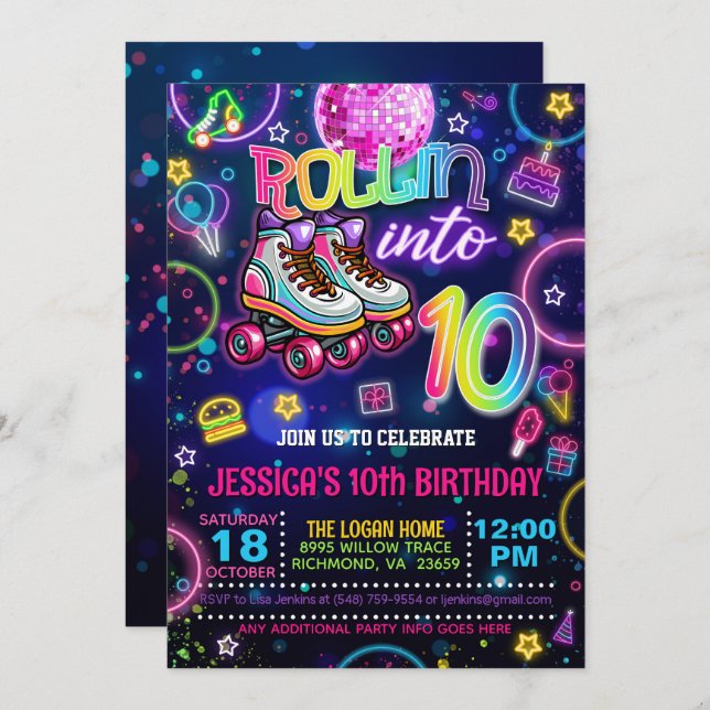 Neon Roller Skate 10e anniversaire Invitation (Devant / Derrière)