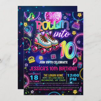 Neon Roller Skate 10e anniversaire Invitation