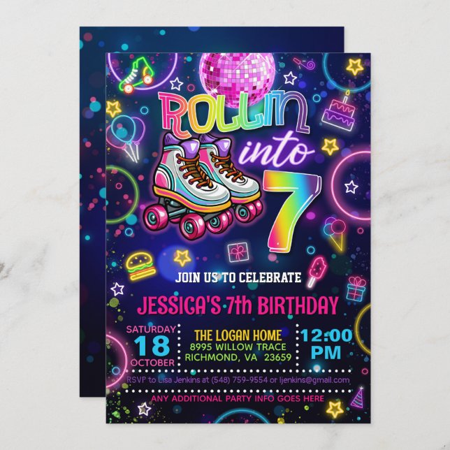 Neon Roller Skate 7e Invitation anniversaire (Devant / Derrière)