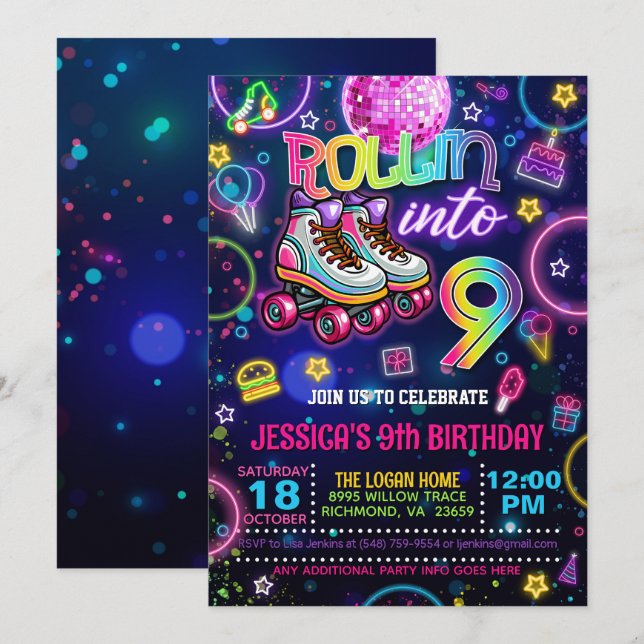Neon Roller Skate 9. Geburtstag Einladung (Vorne/Hinten)
