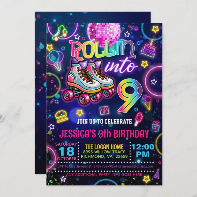 Neon Roller Skate 9e Invitation anniversaire (Devant / Derrière)