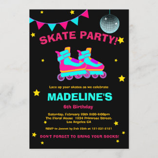 Neon Roller Skate Chalkboard Diskotheken Geburtsta Einladung