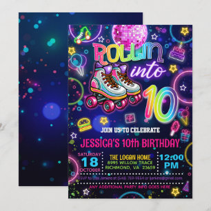 Neon Roller Skate Einladung zum 10. Geburtstag