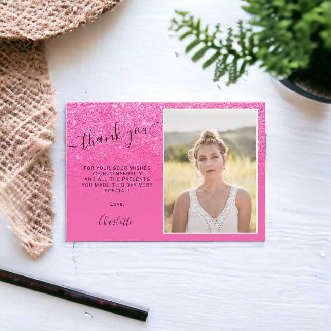 Neon rosa Glitzer ombre trendy Fotos Sweet 16 Dankeskarte (Neon pink glitter ombre trendy photos Sweet 16 Thank You Card)