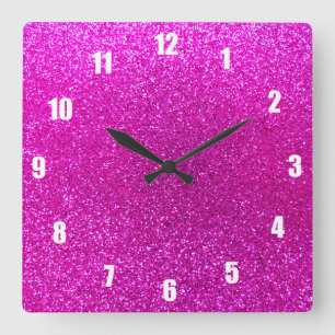 Neon rosa Glitzer Quadratische Wanduhr