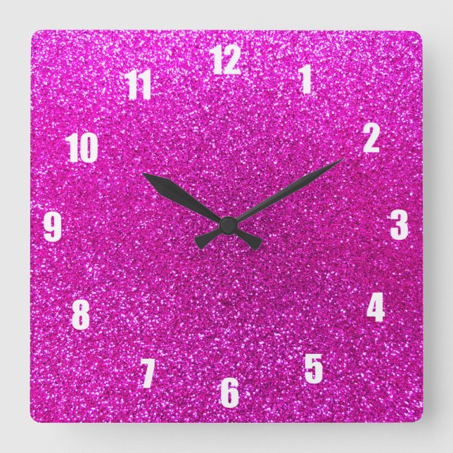 Neon rosa Glitzer Quadratische Wanduhr (Vorderseite)