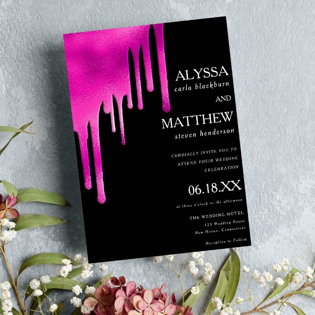 Neon rosa Schwarz Aquarellfarben Tropfen Hochzeit Einladung (Neon pink black watercolor gradient drips wedding)