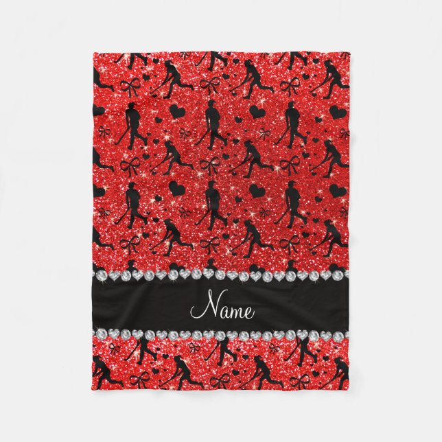 Neon Rot Glitzer Hockey Herzen Bows Fleecedecke (Vorderseite)