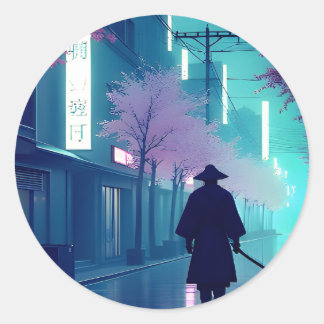 Neon-Samurai-Aufkleber – Retro-Anime-Cyberpunk-Tok Runder Aufkleber