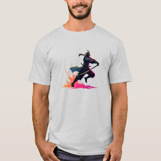 Neon Samurai Warrior in Action Retro Art T-Shirt