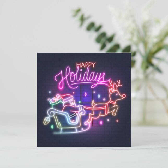 Neon Santa Reindeer Ferienkarte Feiertagskarte (Stehend Vorderseite)