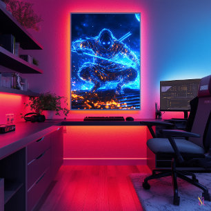 Neon-Schatten-Attentäter – Cyberpunk-Ninja in Blau Poster