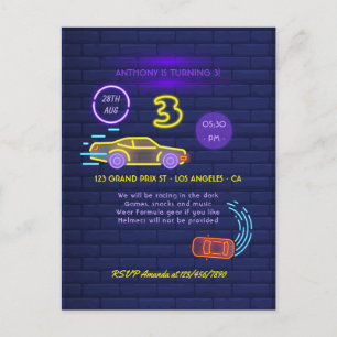 Neon-Schriftzug Rennwagen-Themenparty zum 3. Gebur Postkarte