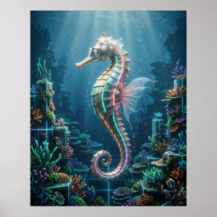 Neon-Seepferdchen-Korallenraster Poster