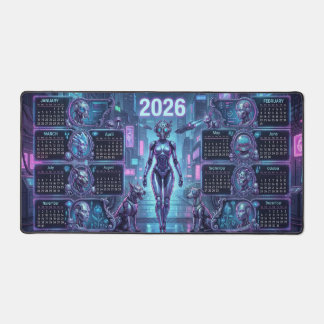 Neon Sentinel 2026 – Cyberpunk Android & Robo-Pets Schreibtischunterlage