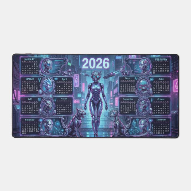 Neon Sentinel 2026 – Cyberpunk Android & Robo-Pets Schreibtischunterlage (Vorderseite)