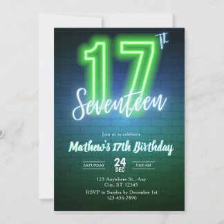 Neon seventeenth birthday Invitation Einladung