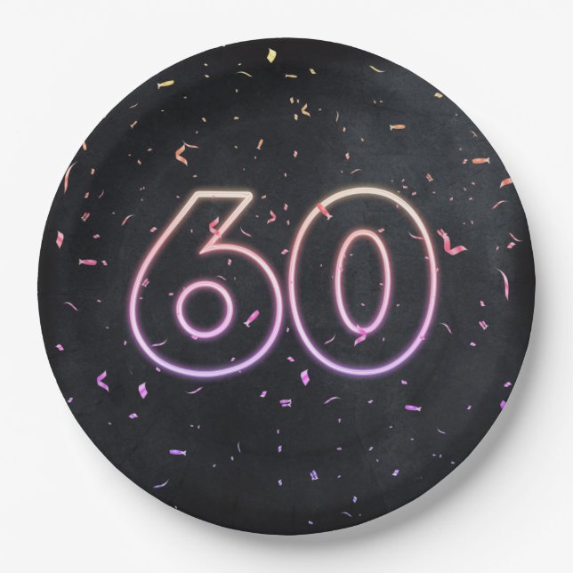 Neon Sign auf der schwarzen Papierplatte zum 60. G Pappteller (Vorderseite)
