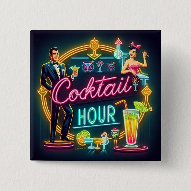 Neon Sign Cocktail Hour Couple aus dem Mittelalter Button (Vorderseite)
