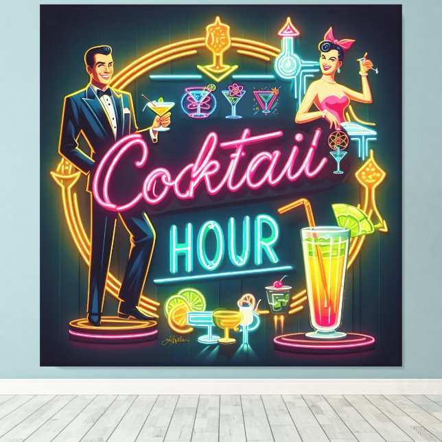 Neon Sign Cocktail Hour Couple aus dem Mittelalter Leinwanddruck (Insitu (Holzboden))