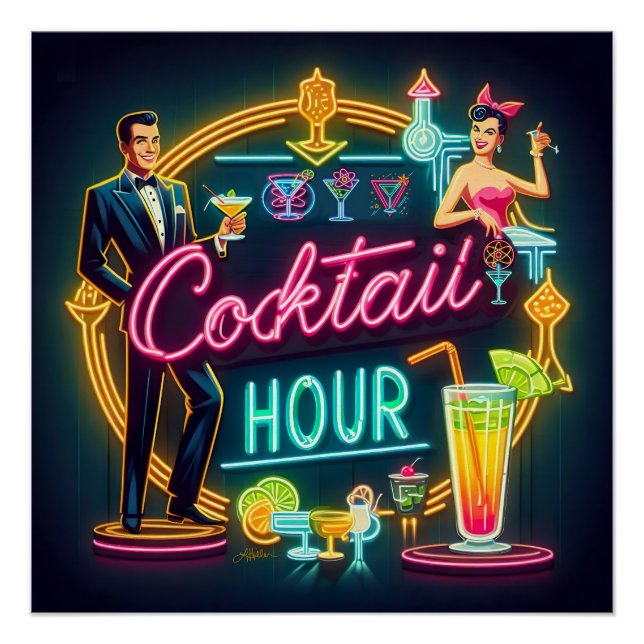 Neon Sign Cocktail Hour Couple aus dem Mittelalter Poster (Vorderseite)