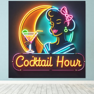 Neon Sign Cocktail Hour Woman Mitte des Jahrhunder Leinwanddruck