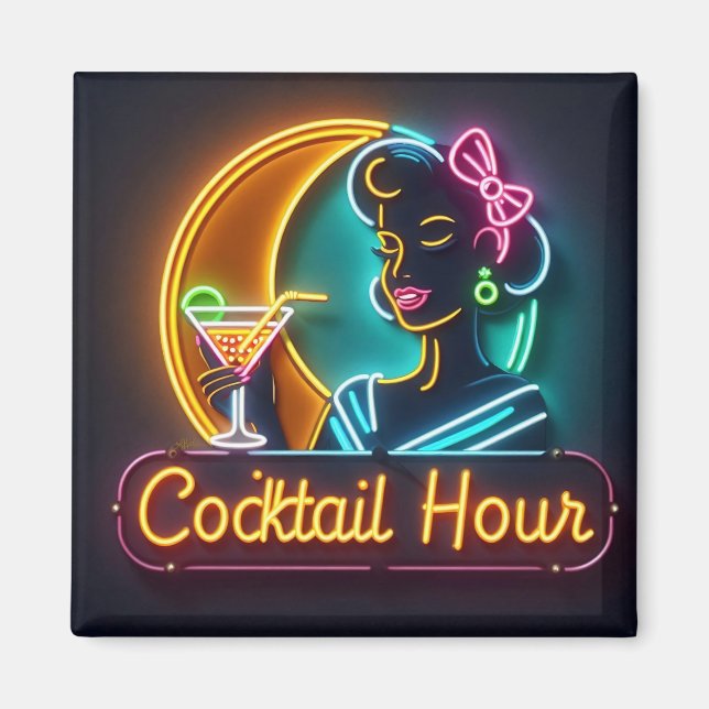 Neon Sign Cocktail Hour Woman Mitte des Jahrhunder Magnet (Vorne)