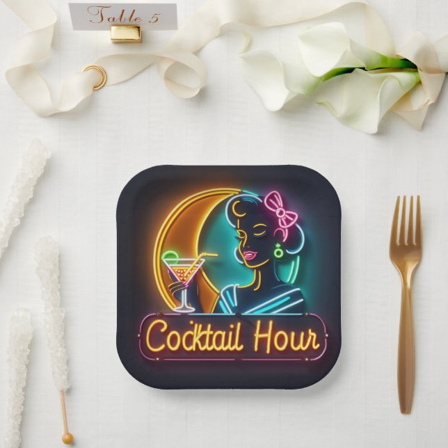 Neon Sign Cocktail Hour Woman Mitte des Jahrhunder Pappteller (Hochzeit)