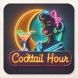 Neon Sign Cocktail Hour Woman Mitte des Jahrhunder Rechteckiger Pappuntersetzer