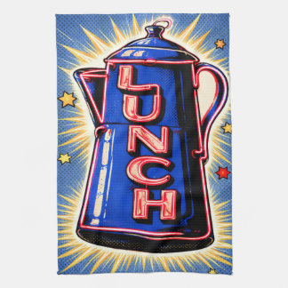 Neon Sign, Coffee Pot, Lunch, POP Art Style Geschirrtuch