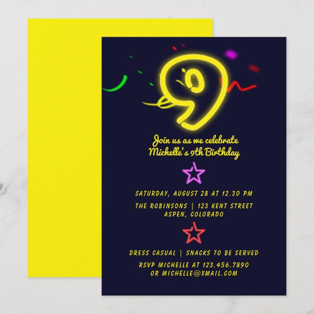 Neon Sign Neuvième Anniversaire Fête Invitation (Devant / Derrière)
