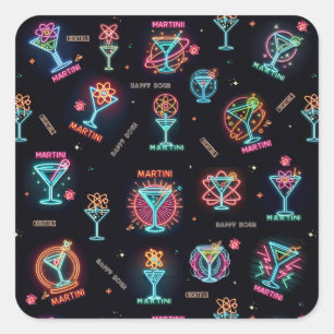 Neon Sign Space Age AtomMartini Cocktails Print Quadratischer Aufkleber