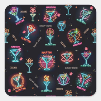 Neon Sign Space Age AtomMartini Cocktails Print Quadratischer Aufkleber