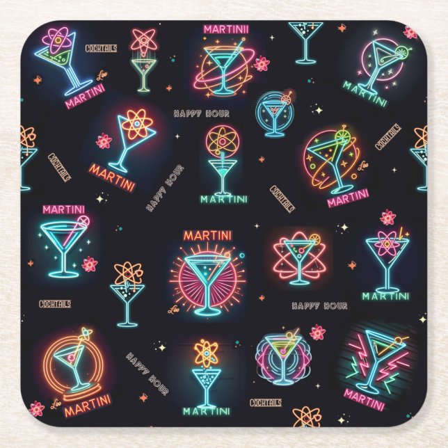 Neon Sign Space Age AtomMartini Cocktails Print Rechteckiger Pappuntersetzer (Vorderseite)