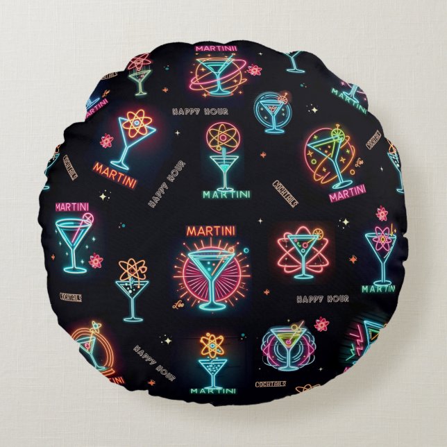Neon Sign Space Age AtomMartini Cocktails Print Rundes Kissen (Vorderseite)