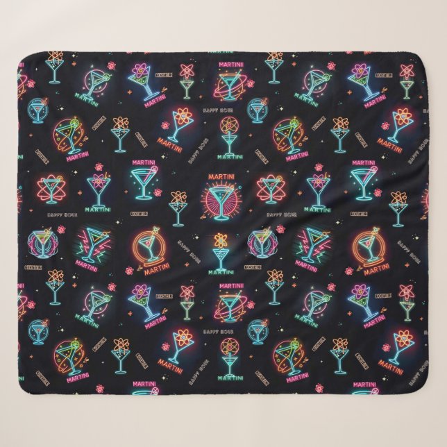 Neon Sign Space Age AtomMartini Cocktails Print Sherpadecke (Vorderseite (Horizontal))