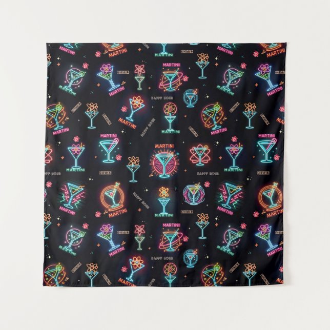 Neon Sign Space Age AtomMartini Cocktails Print Wandteppich (Vorderseite)