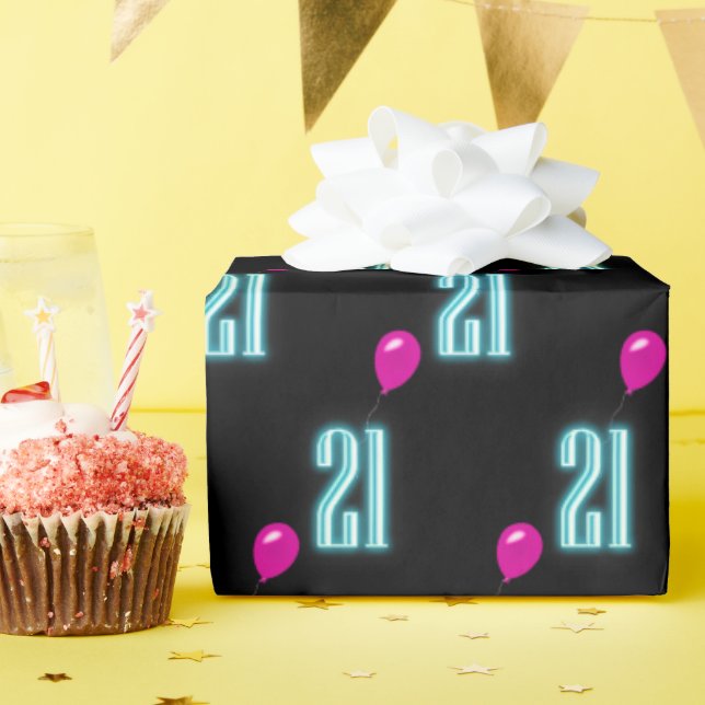 Neon Sign zum 21. Geburtstag mit Ballon Geschenkpapier (Geburtstagsparty)