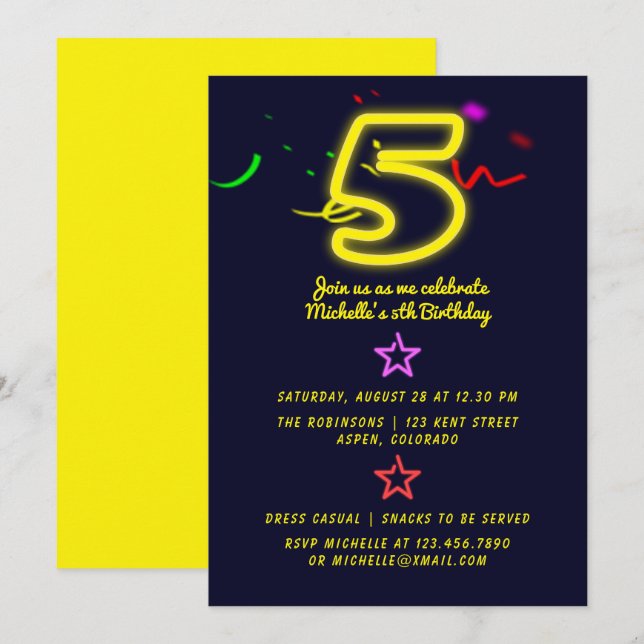 Neon Signé Cinquième anniversaire Fête Invitation (Devant / Derrière)