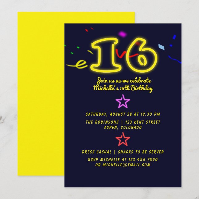 Neon Signé Seizième Anniversaire Fête Invitation (Devant / Derrière)