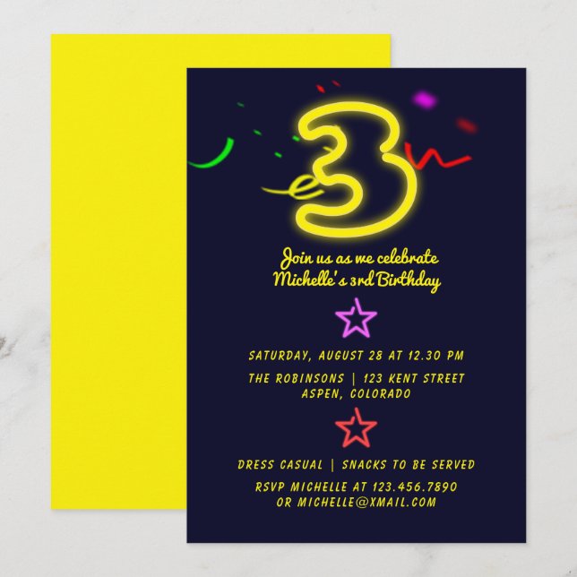Neon Signé Troisième Anniversaire Fête Invitation (Devant / Derrière)