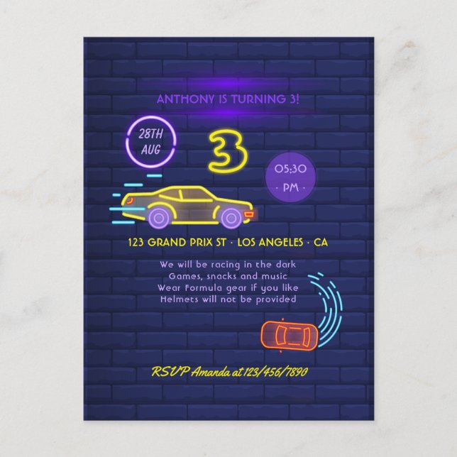Neon signiert Racing Car thematied Boy 3. Geburtst Postkarte (Vorderseite)