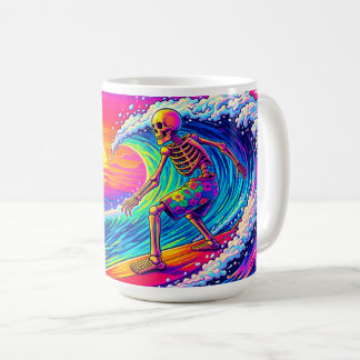 Neon Skeleton Surfing Colorful Sunset Kaffeetasse