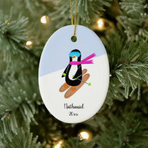 Neon Skiing Penguin Personalisierte Weihnachten Keramik Ornament