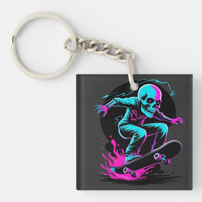 Neon Skull Skateboard Art - Edgy Skater Design Schlüsselanhänger (Vorderseite)