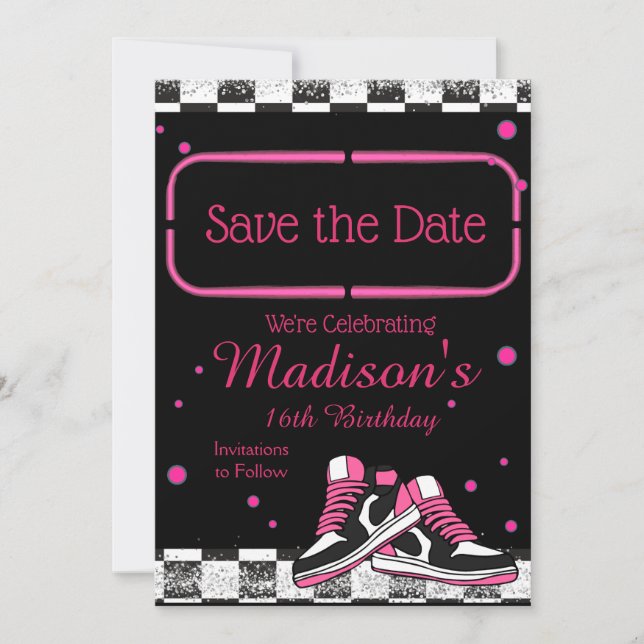 Neon Sneaker Birthday, Glitzer Save The Date (Vorderseite)