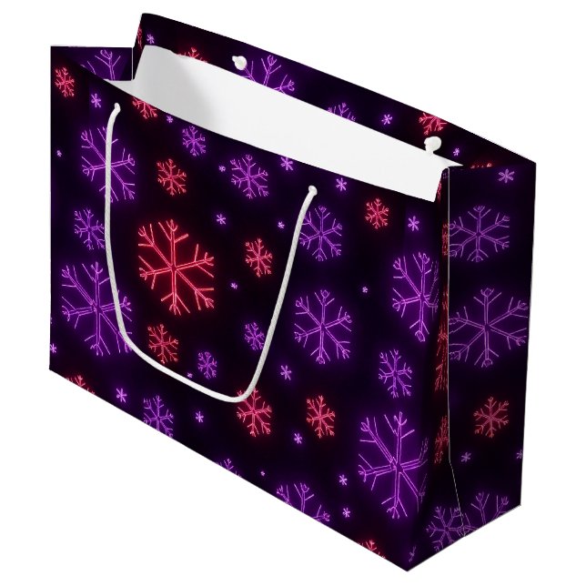 Neon Snowflakes Große Geschenktüte (Vorderseite Schrägansicht)