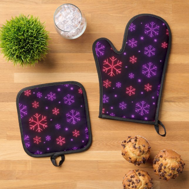 Neon Snowflakes Ofenhandschuh & Topflappen-Set (Oben Unten)